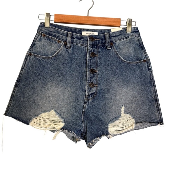 NWT Moussy‎ Women's Blue Cut Off Jean Shorts Distressed Raw Hem Denim 28 Boho - Picture 1 of 11